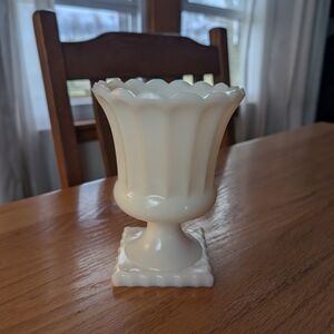 Vintage White Milk Glass Paneled Urn Vase | Scalloped Rim Pedestal Base